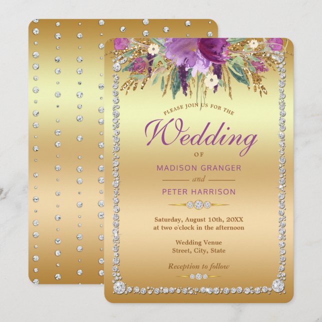 Diamond Glitter Watercolor Flowers Wedding Invitation (Front/Back)