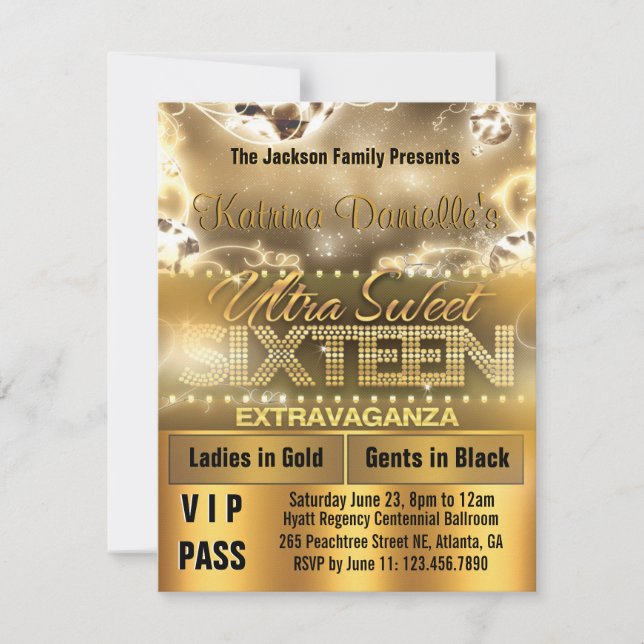 Diamond Glow Sweet Sixteen VIP Pass Invite [Gold] (Front)