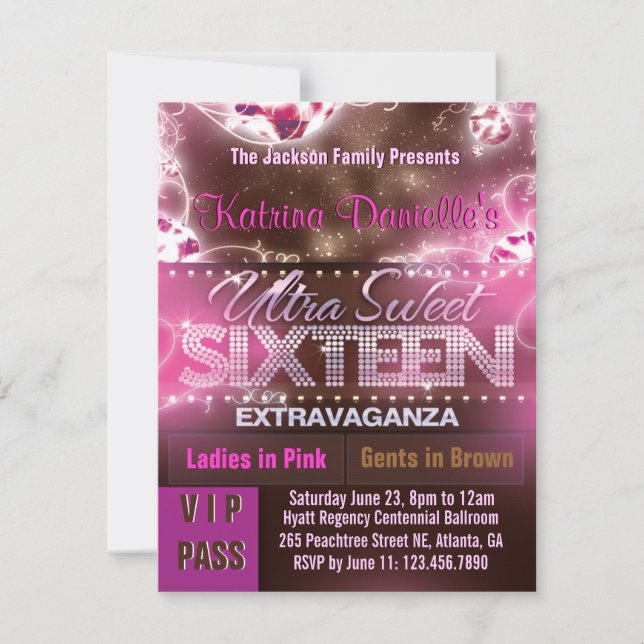 Diamond Glow Sweet Sixteen VIP Pass [Pink Brown] Invitation (Front)
