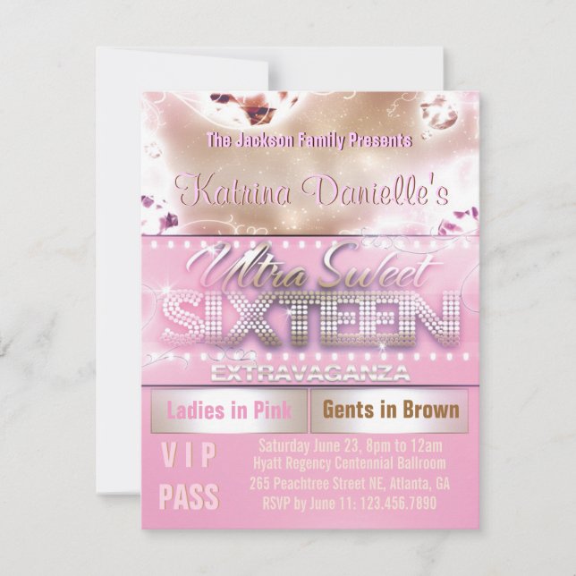 Diamond Glow Sweet Sixteen VIP Pass [Pink Champ] Invitation (Front)