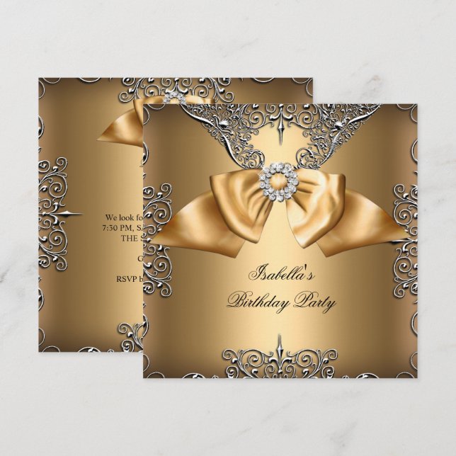 Diamond Gold Beige Bow Silver Elegant Birthday Invitation (Front/Back)