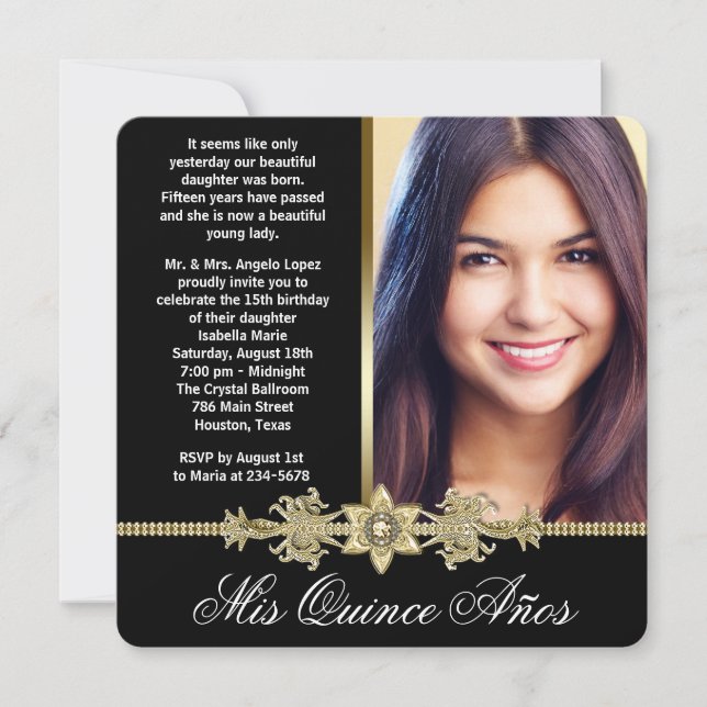 Diamond Gold Black and Gold Photo Quinceanera Invitation (Front)