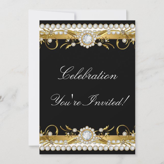 Diamond Gold Black White Floral Celebration Party Invitation (Front)