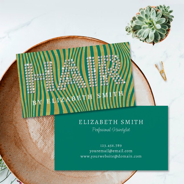 Diamond Gold Dark Teal Hairdresser Hair Stylist Business Card (Front and Back)