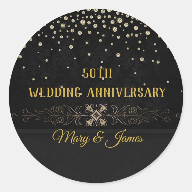 Diamond Gold Floral Black 50th Anniversary Sticker (Front)
