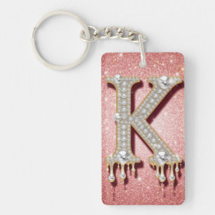 Diamond Gold Initial Letter K Pink Gift For Women Key Ring