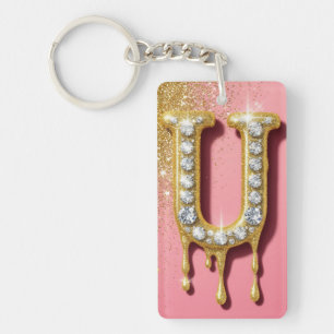 Diamond Gold Initial Letter U Pink Gift For Her Key Ring