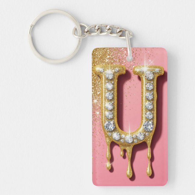 Diamond Gold Initial Letter U Pink Gift For Her Key Ring (Front)