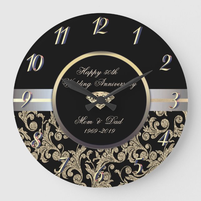 Diamond Gold Swirls 50th Wedding Anniversary Large Clock (Front)