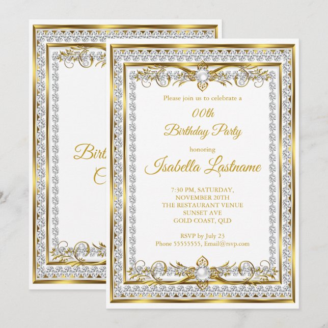 Diamond Gold White Pearl Elegant Birthday Party Invitation (Front/Back)