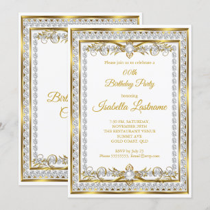 Diamond Gold White Pearl Elegant Birthday Party Invitation