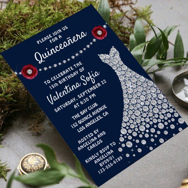 Diamond Gown Navy Blue Chic Modern Quinceañera Invitation (Creator Uploaded)