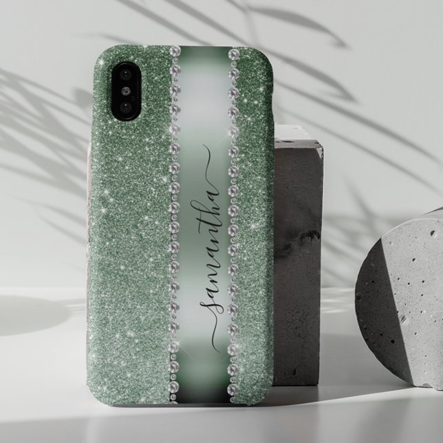 Diamond Green Faux Glitter Calligraphy Monogram  Samsung Galaxy S22 Ultra Case (Creator Uploaded)