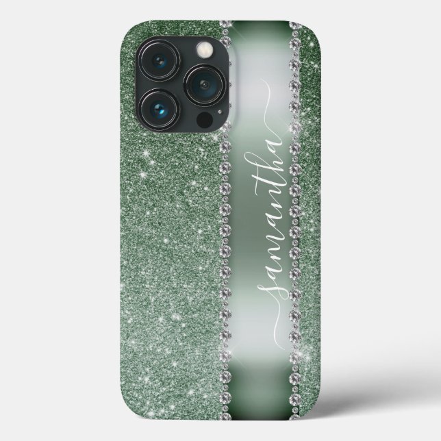Diamond Green Glitter Calligraphy Monogram Name Case-Mate iPhone Case (Back)