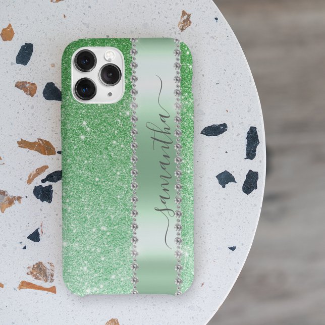 Diamond Green Glitter Calligraphy Monogram Name Case-Mate iPhone Case (Creator Uploaded)