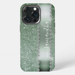 Diamond Green Glitter Calligraphy Monogram Name iPhone 13 Pro Case