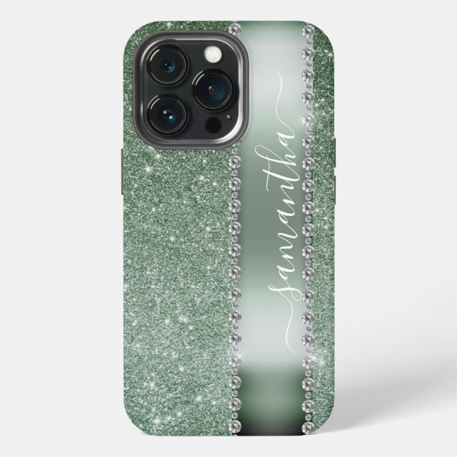 Diamond Green Glitter Calligraphy Monogram Name iPhone Case (Back)