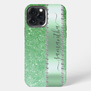 Diamond Green Glitter Calligraphy Monogram Name iPhone 13 Pro Max Case