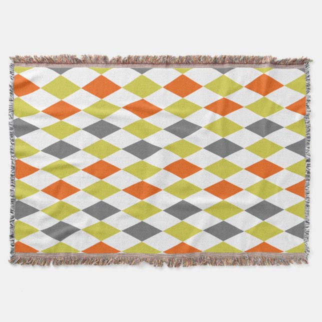 Diamond Grey Yellow Coral Modern Harlequin Throw Blanket (Front)