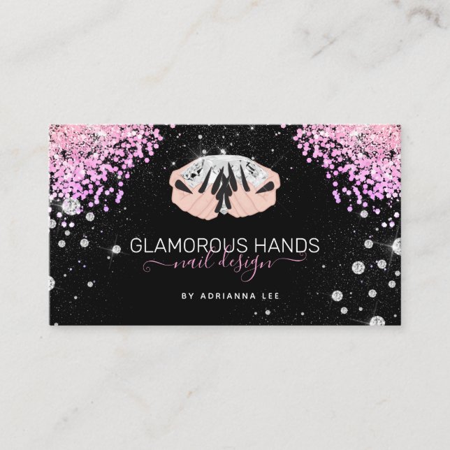 Diamond Hands Pink Glitter Black Nails Nail Tech B Business Card (Front)