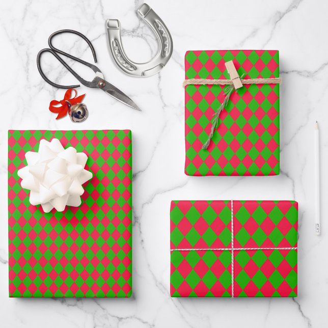 Diamond Harlequin 3 scales Red Green Wrapping Paper Sheet (Fun red and green jockey silks diamond harlequin pattern wrapping paper sheets in three scales..)