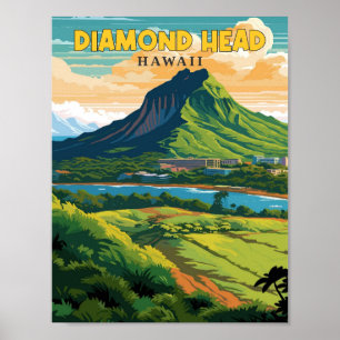 Diamond Head Hawaii vintage travel illustration Poster