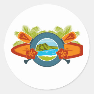 Diamond Head Hawaiian Surf Emblem Classic Round Sticker