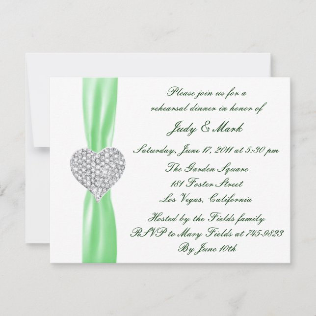 Diamond Heart Green Rehearsal Dinner Invitation (Front)