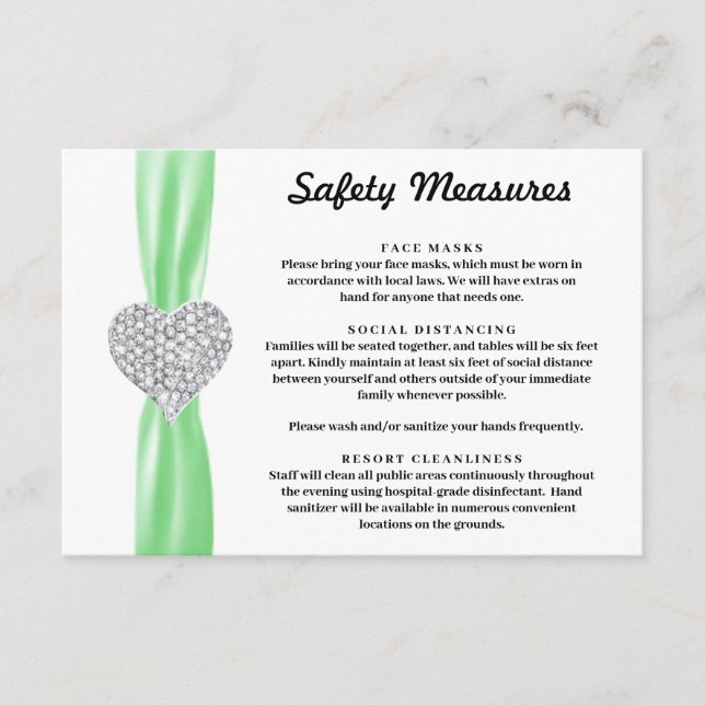 Diamond Heart Green Ribbon Safety Measures Enclosure Card (Front)