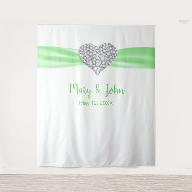Diamond Heart Green Ribbon Wedding Backdrop Tapestry (Front)