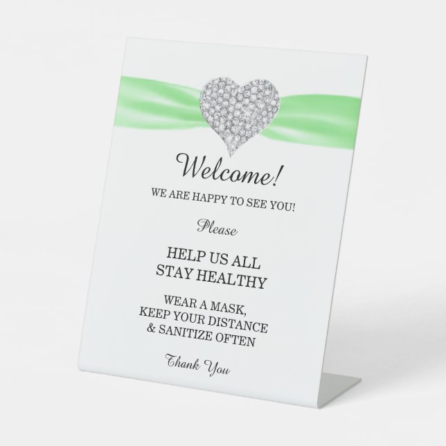 Diamond Heart Green Ribbon Wedding Safety Pedestal Sign (Front)