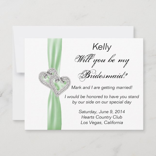 Diamond Heart Green Wedding Bridesmaid Card (Front)