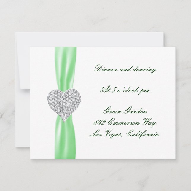 Diamond Heart Green Wedding Reception Card (Front)