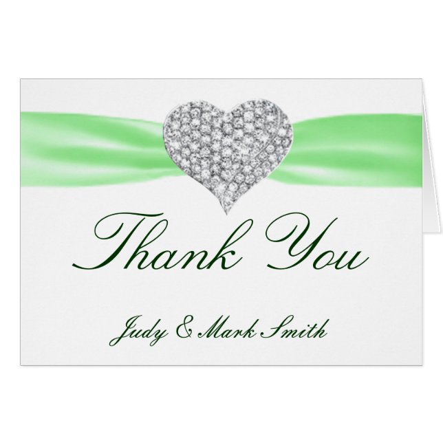 Diamond Heart Green Wedding Thank You Card (Front Horizontal)