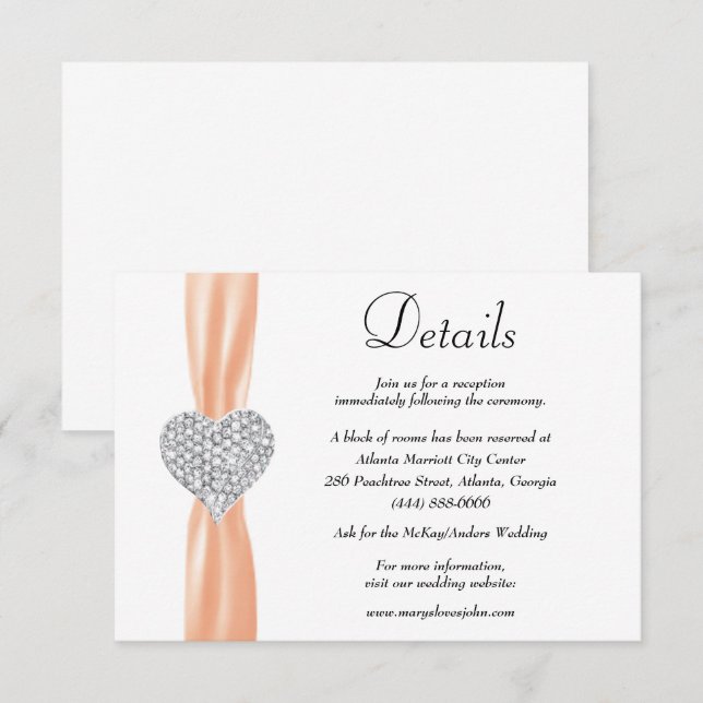 Diamond Heart Orange Ribbon Wedding Details Enclosure Card (Front/Back)