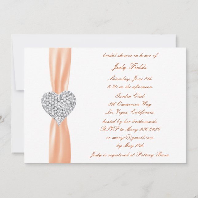 Diamond Heart Orange Wedding Bridal Shower Invite (Front)