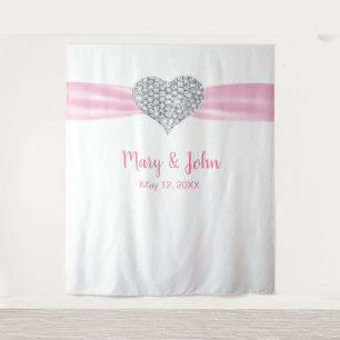 Diamond Heart Pink Ribbon Wedding Backdrop Tapestry