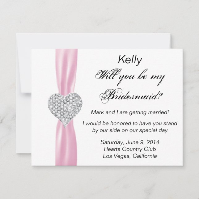 Diamond Heart Pink Wedding Bridesmaid Card (Front)