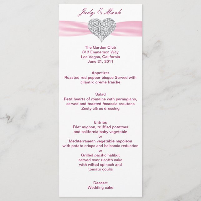 Diamond Heart Pink Wedding Menu Card (Front)