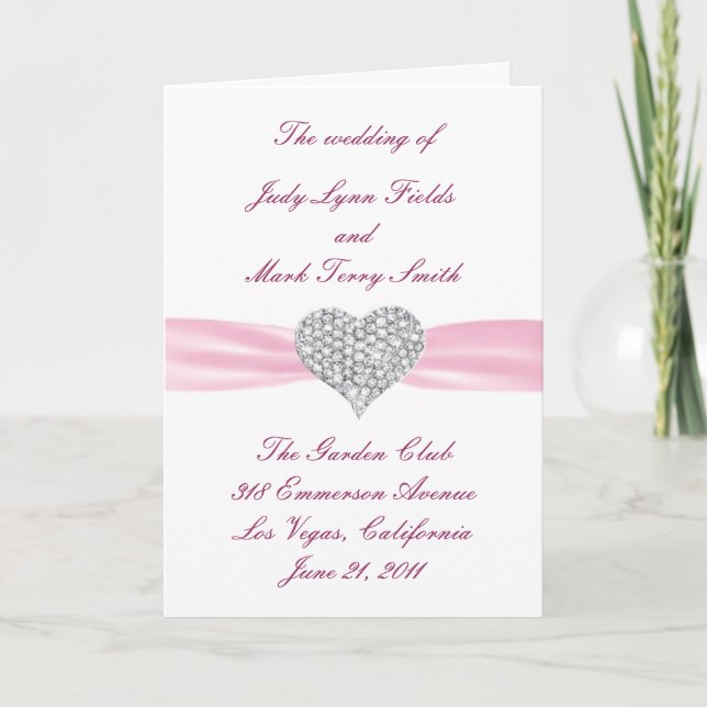 Diamond Heart Pink Wedding Program Card (Front)