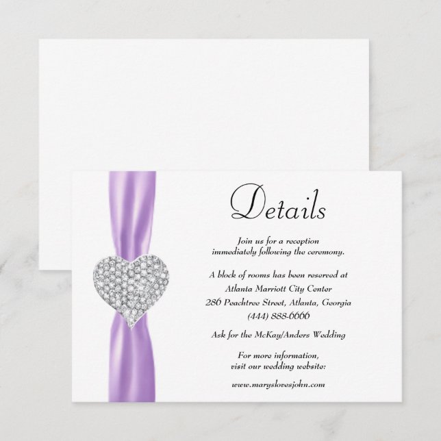 Diamond Heart Purple Ribbon Wedding Details Enclosure Card (Front/Back)