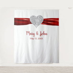 Diamond Heart Red Ribbon Wedding Backdrop Tapestry