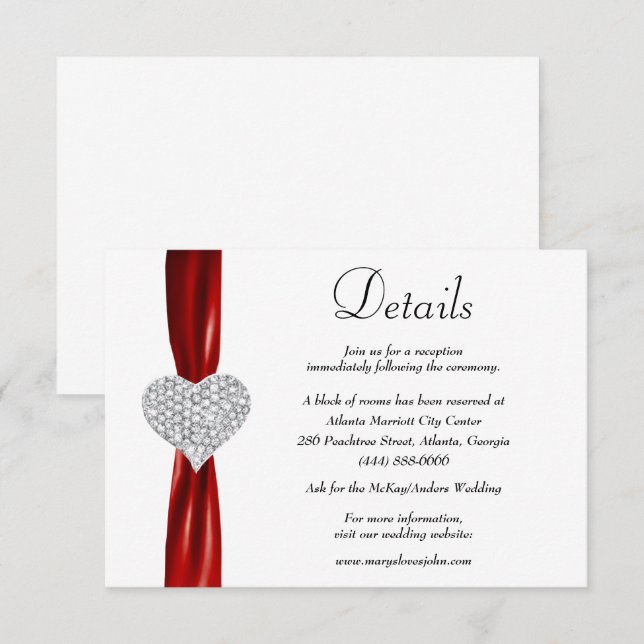 Diamond Heart Red Ribbon Wedding Details Enclosure Card (Front/Back)