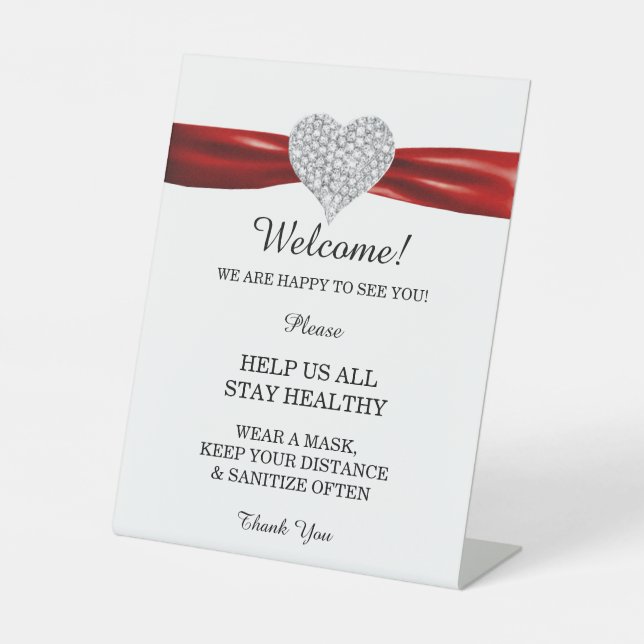 Diamond Heart Red Ribbon Wedding Safety Pedestal Sign (Front)