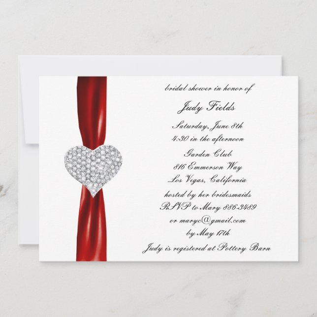 Diamond Heart Red Wedding Bridal Shower Invitation (Front)