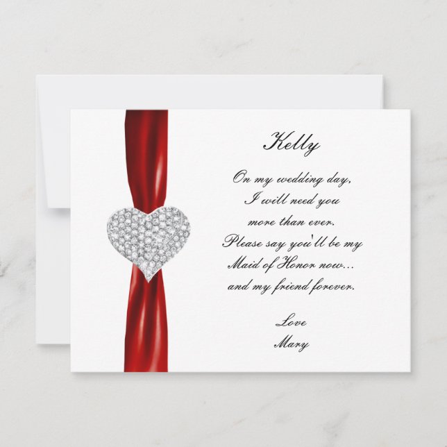 Diamond Heart Red Wedding Maid Of Honour Card (Front)