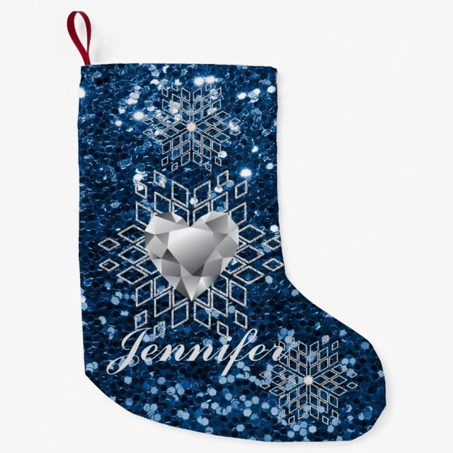 Diamond Heart Snowflakes & Blue Faux Glitter Small Christmas Stocking (Front)