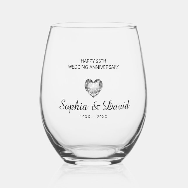 Diamond Heart Wedding Anniversary Stemless Wine Glass (Front)