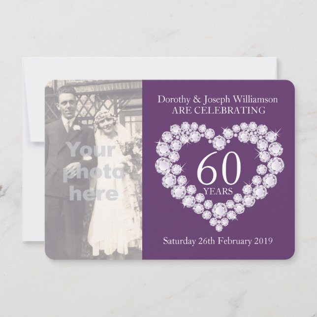 Diamond heart wedding photo 60 years party invite (Front)
