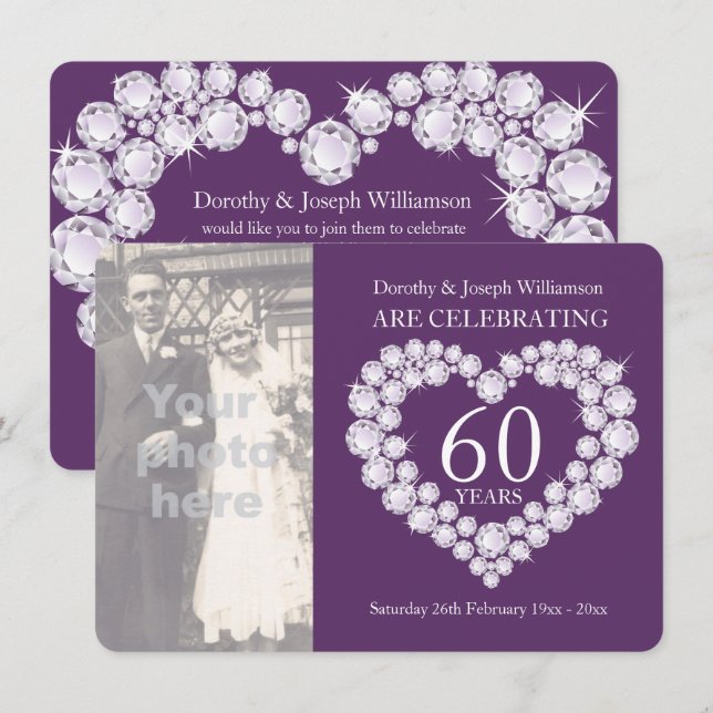 Diamond heart wedding photo 60 years party invites (Front/Back)